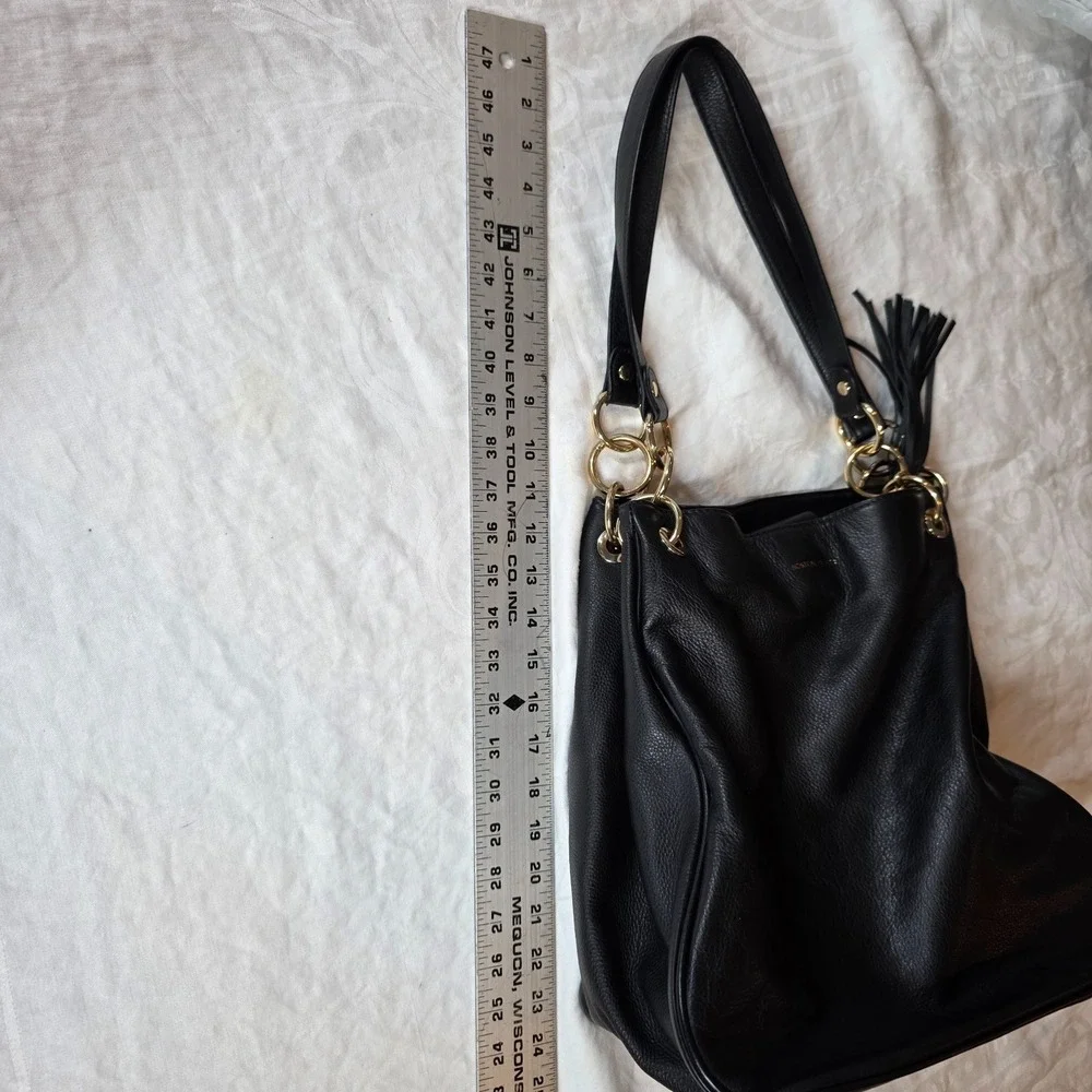 Boston Proper Black Leather Shoulder Bag Gold Chain Detail Tassel Hobo Purse